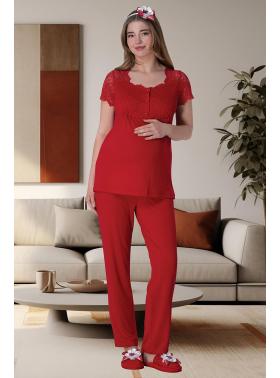  Kırmızı Dantelli Lohusa Pijama Takımı 6009